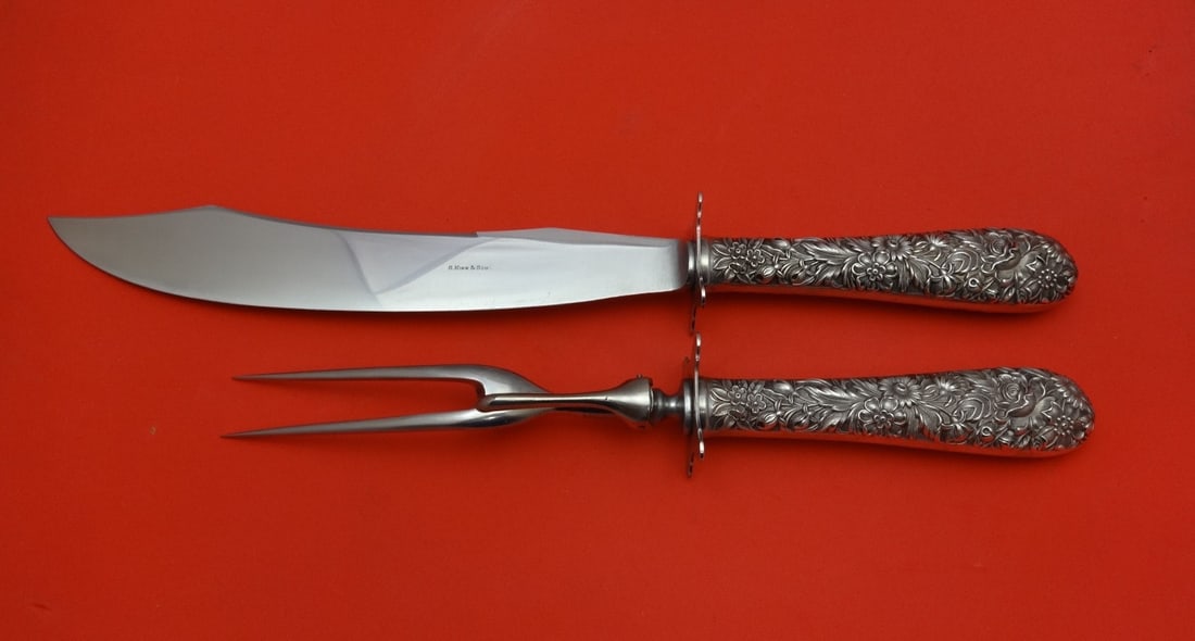 Kirk Repousse Sterling Silver 2pc Carving Set Knife 15in Fork 12.5in (1 of 1)