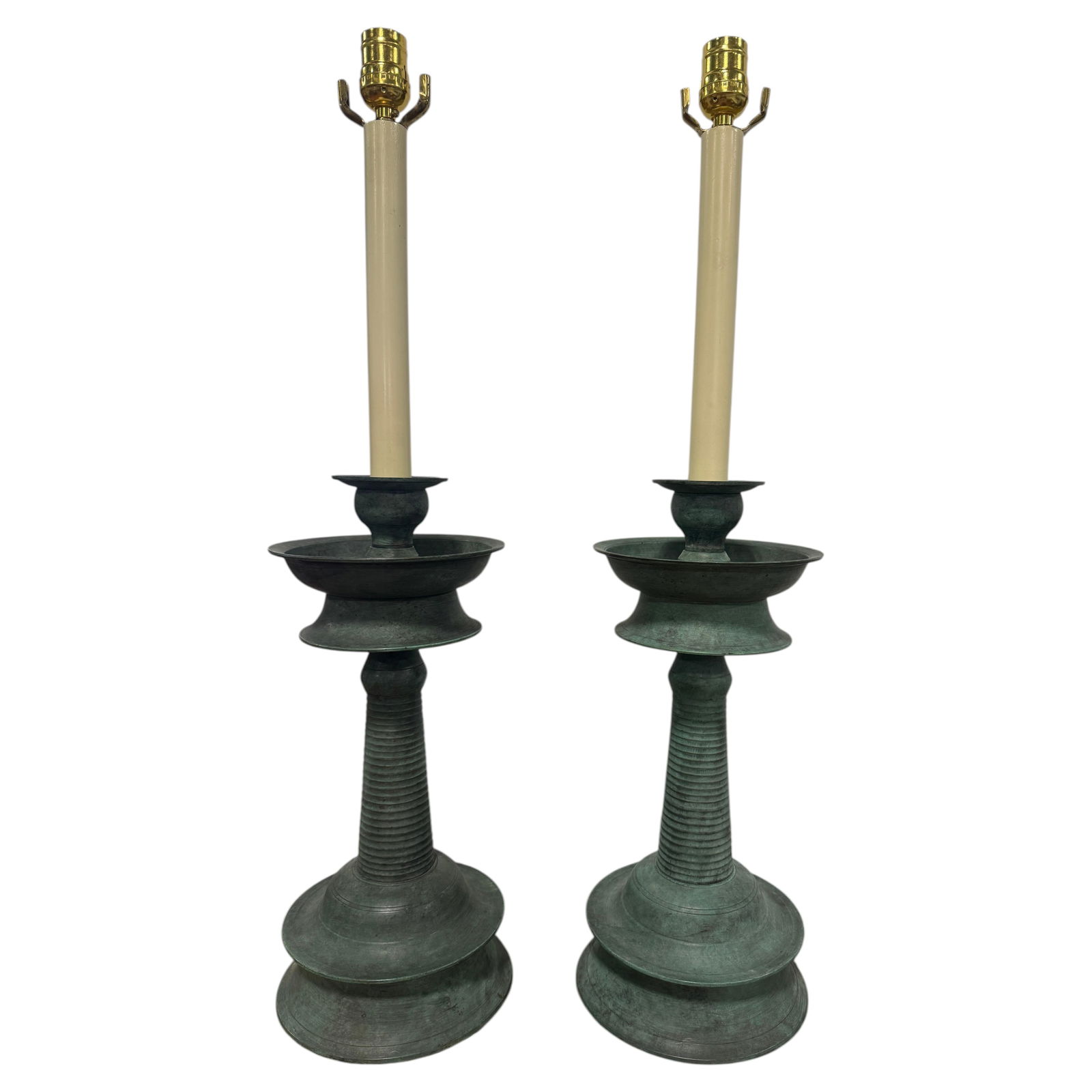 Set of 2 Greco Roman Patinated Bronze Candlestick Table Lamps c 1890 (1 of 8)