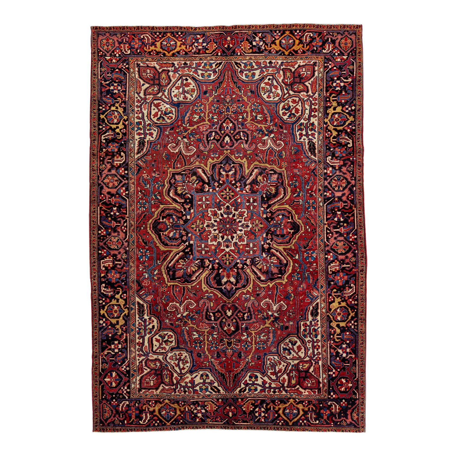 1930s Handmade Persian Heriz Wool Rug 8'3 x 12' Red Medallion: 1930s Handmade Persian Heriz Wool Rug 8'3 x 12' Red Medallion This exquisite vintage Persian Heriz rug showcases a handcrafted design with a vibrant red color field. Its striking geometric medallion p