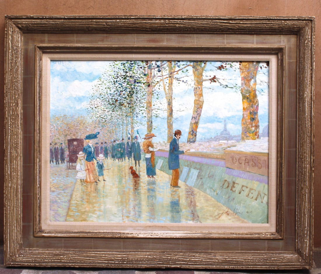 1909 John F. Morris Oil Painting Paris Book Buyers Scene: 1909 John F. Morris Oil Painting Paris Book Buyers Scene This stunning oil on board painting, created by the renowned artist John F. Morris in 1909, captures the essence of a Parisian street scene fil