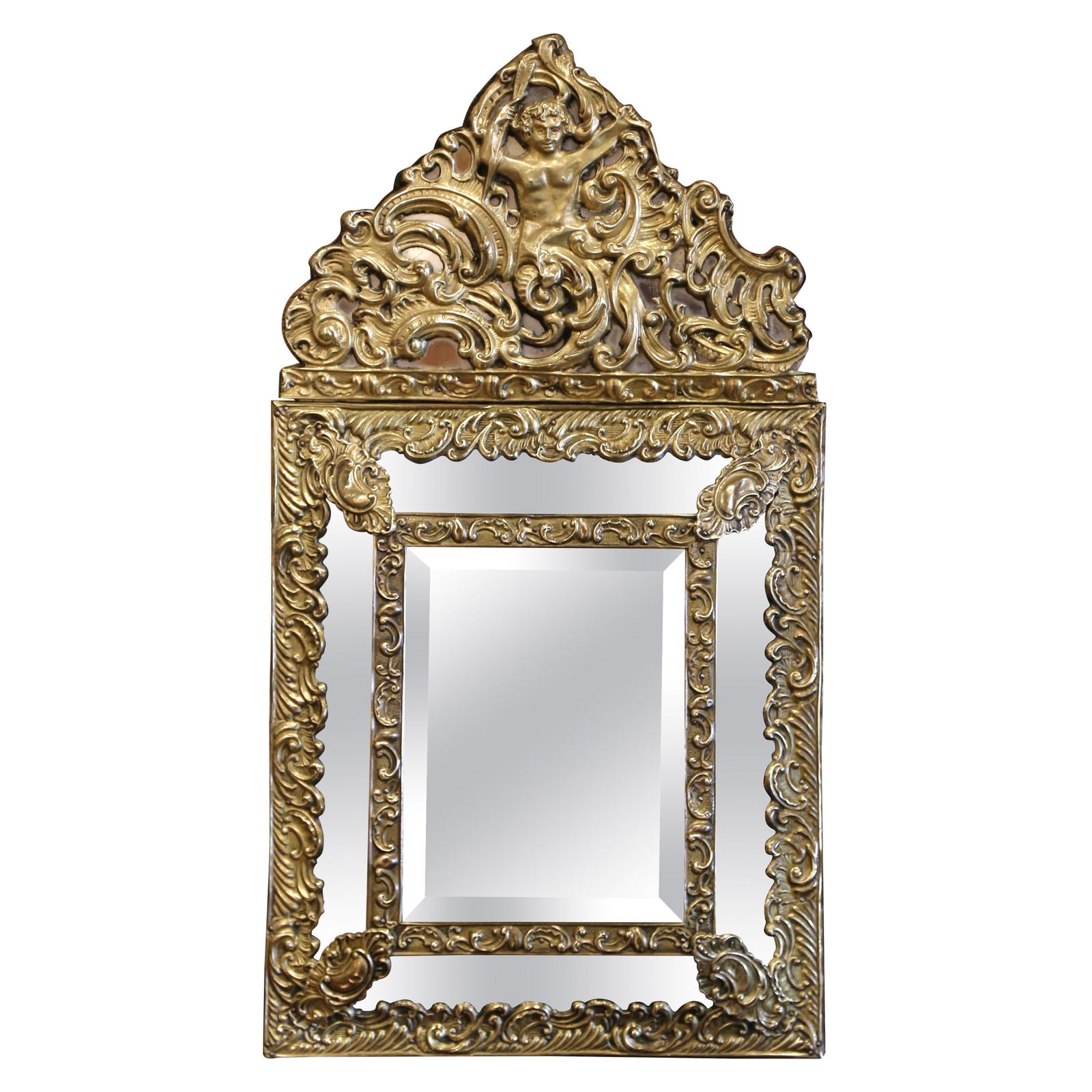 Antique 19th Century French Napoleon III Repousse Brass Wall Mirror (1 of 6)