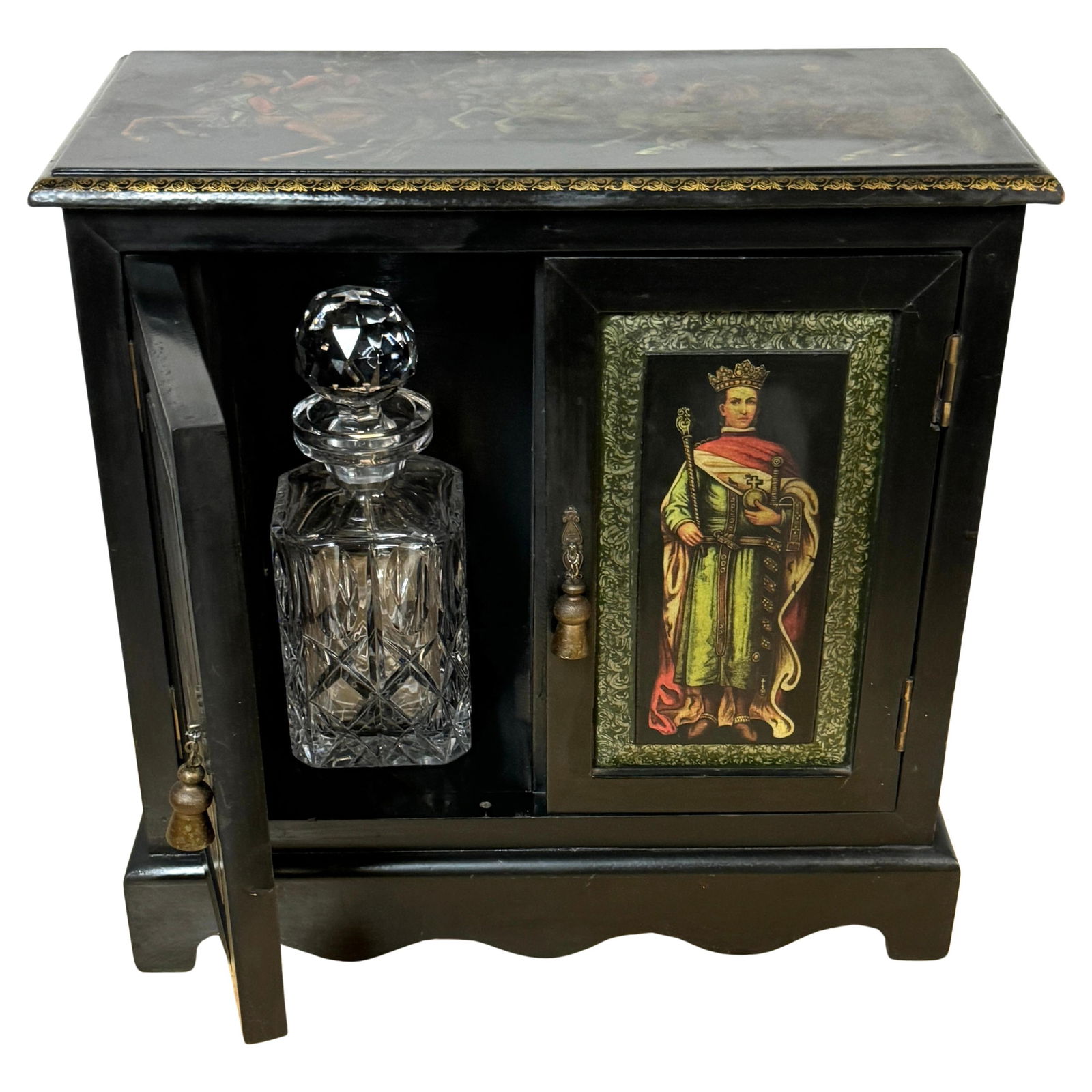 1950s Russian Style Polychromed Lacquer Dry Bar with 2 Crystal Decanters: 1950s Russian Style Polychromed Lacquer Dry Bar with 2 Crystal Decanters This exquisite Russian-style polychromed lacquer dry bar, crafted in the 1950s, is a remarkable fusion of artistry and utility.