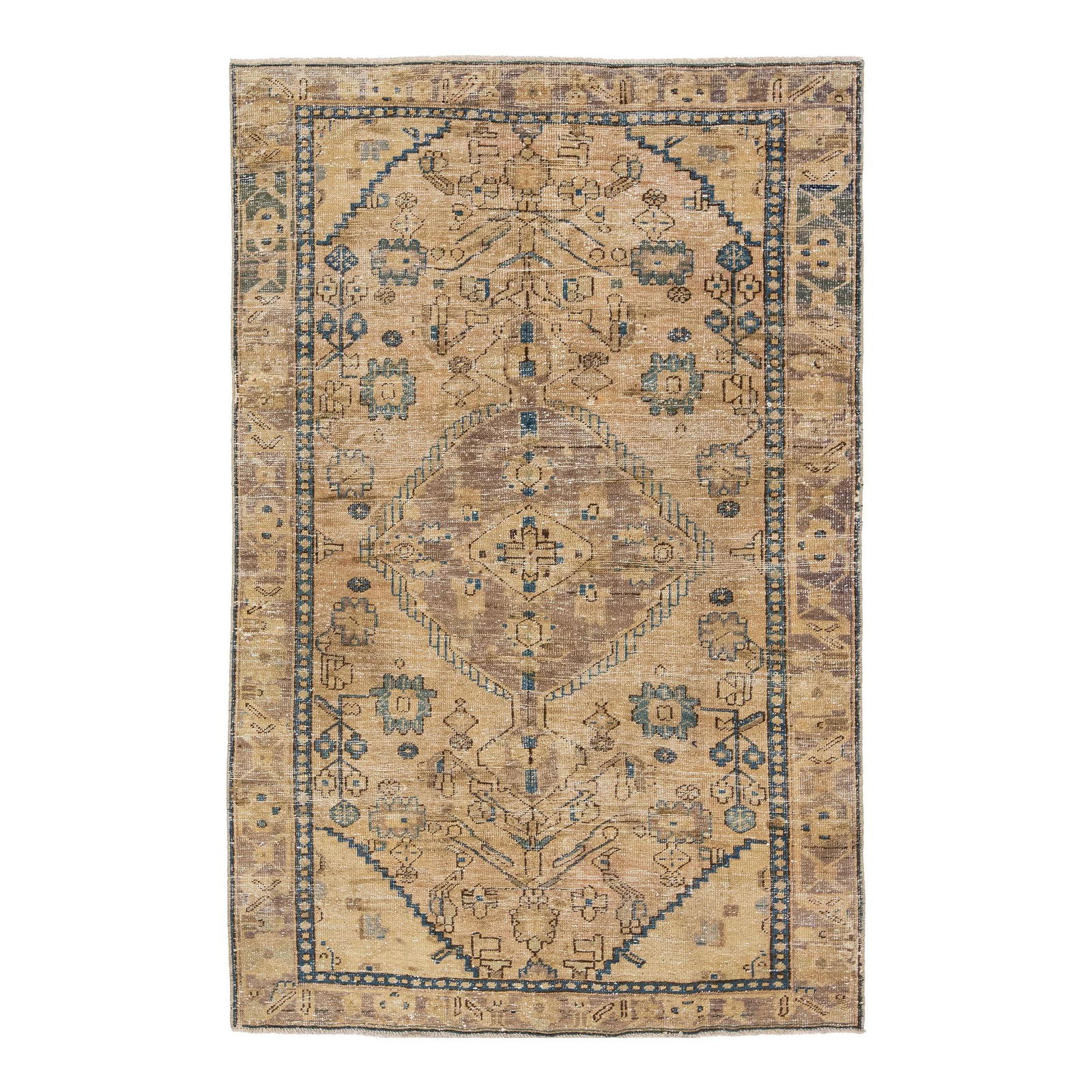 Vintage Persian Wool Rug Light Brown with Gray Blue Accents 4'1 x 6'4: Vintage Persian Wool Rug Light Brown with Gray Blue Accents 4'1 x 6'4 This beautifully designed vintage Persian wool rug showcases a light brown field adorned with subtle gray and blue accents, adding