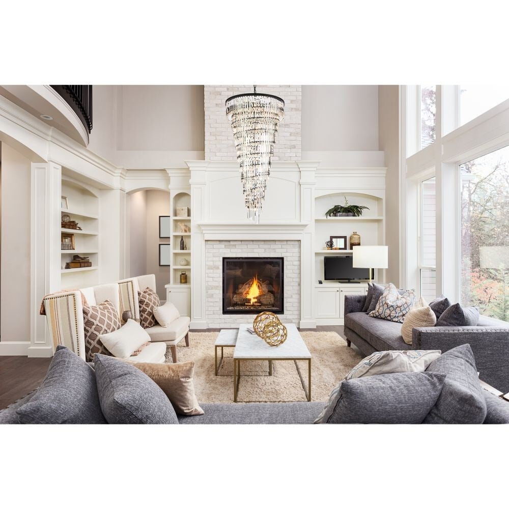 Sydney 42 Light Crystal Chandelier Matte Black Modern Design 72in: Sydney 42 Light Crystal Chandelier Matte Black Modern Design 72in Illuminate your space with the captivating beauty of this modern crystal chandelier. Featuring 42 E12 base sockets and a striking matt