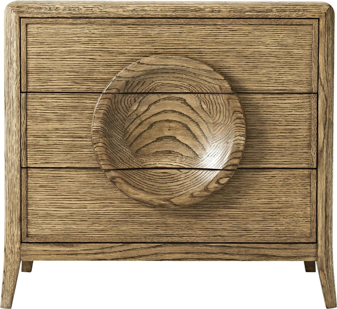 Theodore Alexander Modern Oak Veneer Nightstand by Michael Berman: Theodore Alexander Modern Oak Veneer Nightstand by Michael Berman This modern nightstand chest features a sleek design in oak veneer, perfect for adding a touch of elegance to your bedroom. It include