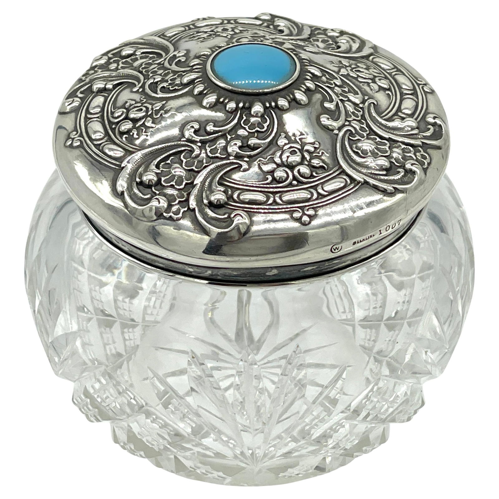 American Brilliant Cut Glass Sterling Turquoise Dresser Jar by Whiting (1 of 9)