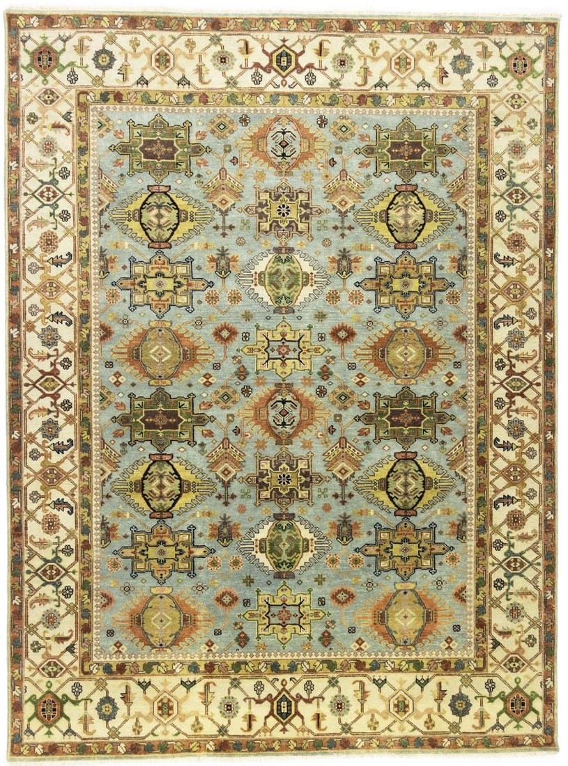 Handmade Sky Blue Geometric Chobi 9x12 ft Wool Area Rug: Handmade Sky Blue Geometric Chobi 9x12 ft Wool Area Rug Enhance your living space with this stunning handmade Chobi Oriental rug, featuring a captivating geometric design in a lovely sky blue color pa