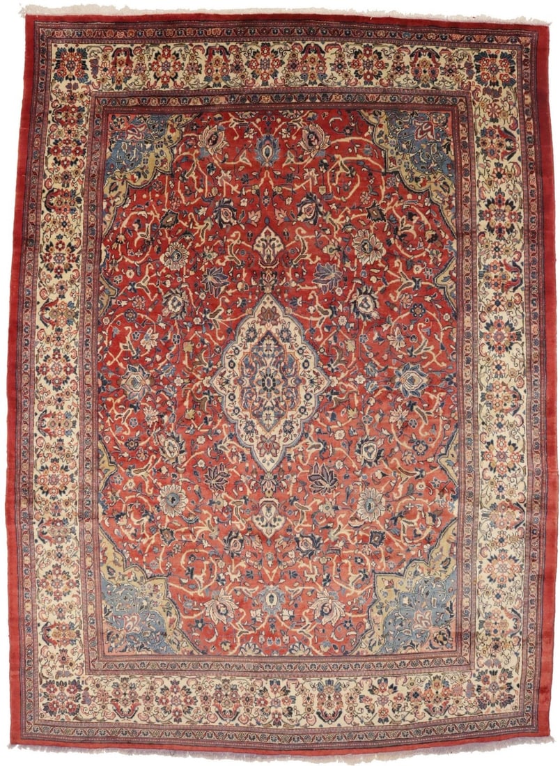 Vintage Hand-Knotted Wool Floral Area Rug 9'9 x 13'6: Vintage Hand-Knotted Wool Floral Area Rug 9'9 x 13'6 Enhance your living or dining room with this exquisite hand-knotted Oriental rug, featuring a striking floral pattern in shades of scarlet red, cre
