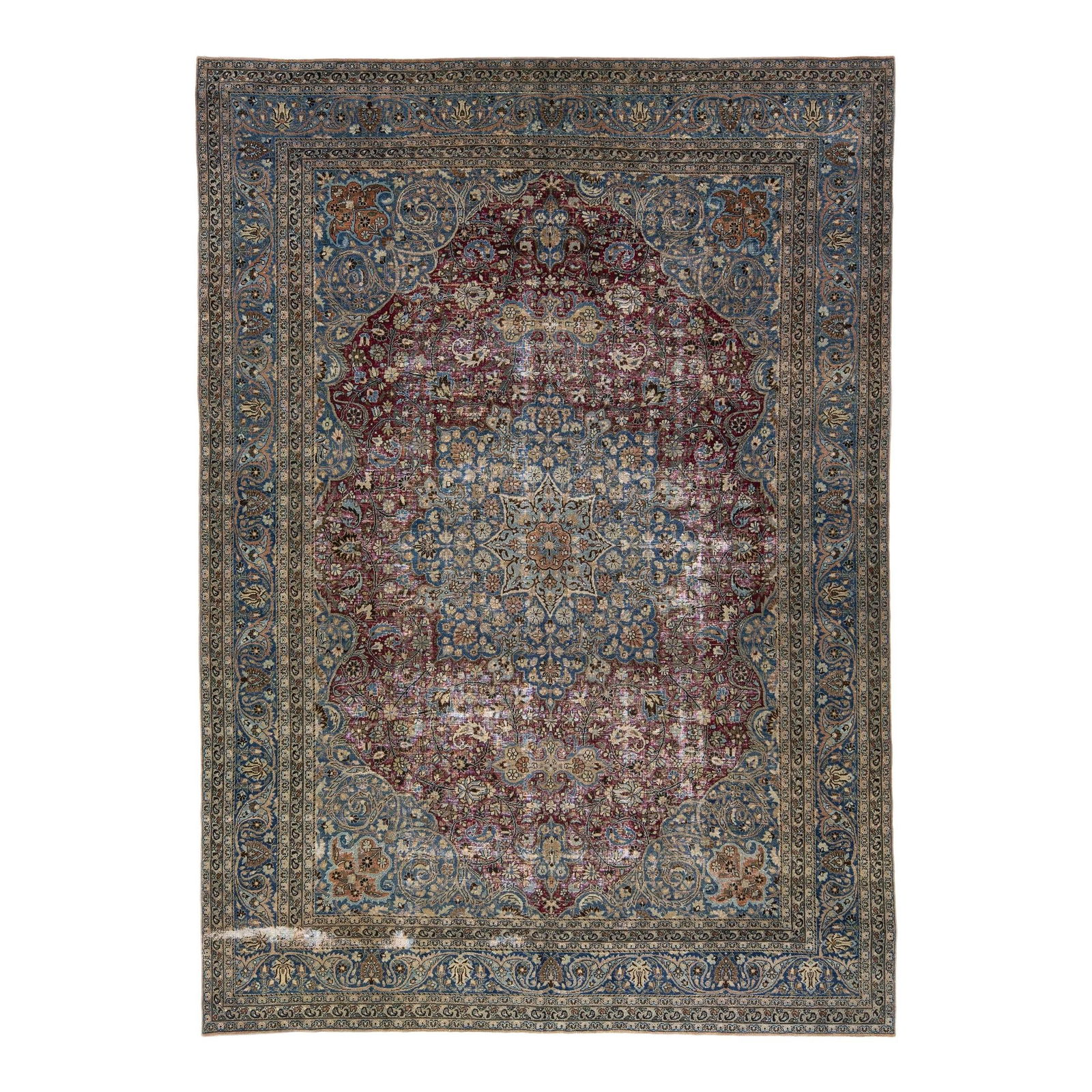 Antique 1920s Handmade Mashad Persian Wool Rug 10'7 x 14'10 Blue Red Medallion (1 of 8)