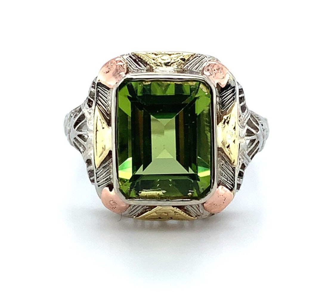 10k Tri-Color Filigree Ring with 2.55ct Emerald Cut Peridot GIA Certified (1 of 10)