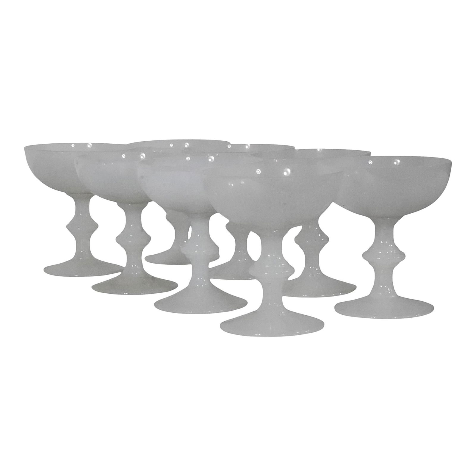 Chic Set of 8 Vintage Champagne Glasses by Portieux Vallerysthal France: Chic Set of 8 Vintage Champagne Glasses by Portieux Vallerysthal France This exquisite set of eight vintage champagne glasses by Portieux Vallerysthal (PV) showcases a chic design in a unique off-whit