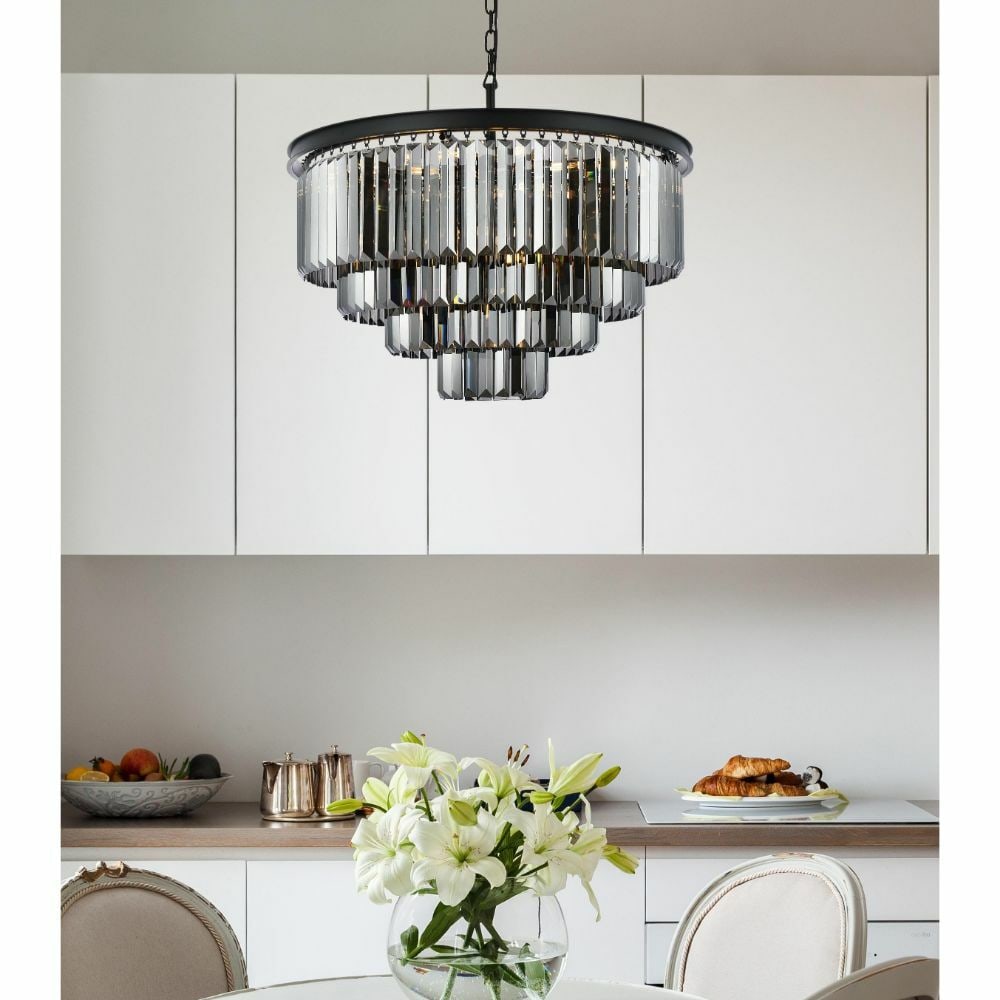 Sydney 17 Light Matte Black Chandelier with Silver Shade Crystals 32 Inch: Sydney 17 Light Matte Black Chandelier with Silver Shade Crystals 32 Inch This modern chandelier features a matte black frame adorned with high-quality royal cut silver shade crystals, creating a stri