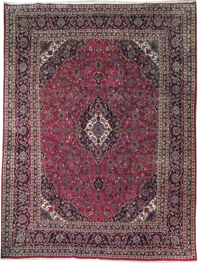 Handcrafted Persian Semi Antique Kashan Rug 9'9 x 12'9 White Ivory Dark Pink (1 of 6)