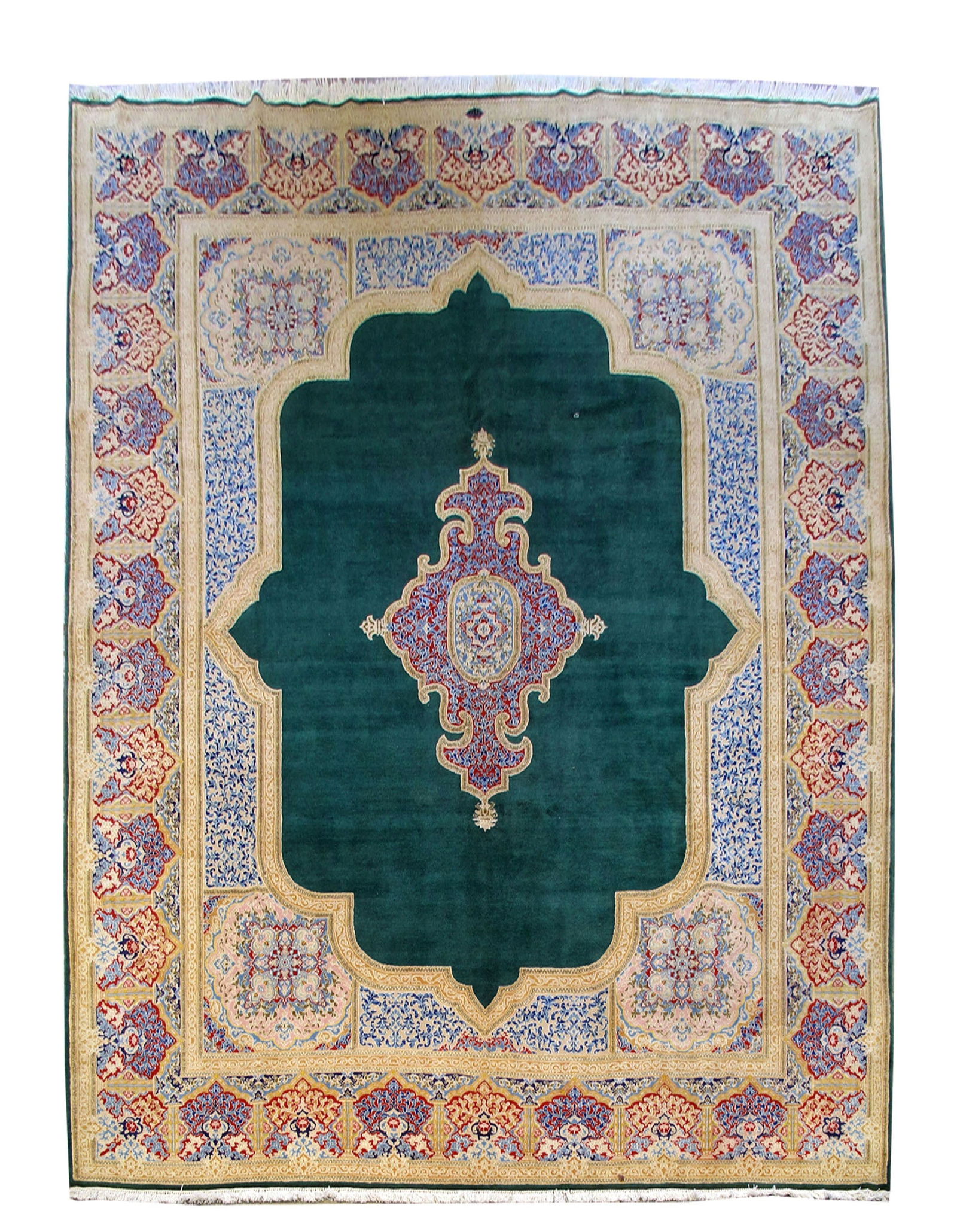 Hand Knotted Persian Kerman Green Rug 9.3 x 12.8 Signed: Hand Knotted Persian Kerman Green Rug 9.3 x 12.8 Signed Free continental US Shipping Introducing a stunning hand-knotted Persian Kerman rug, measuring 9.3 x 12.8 feet. This elegant piece showcases a r