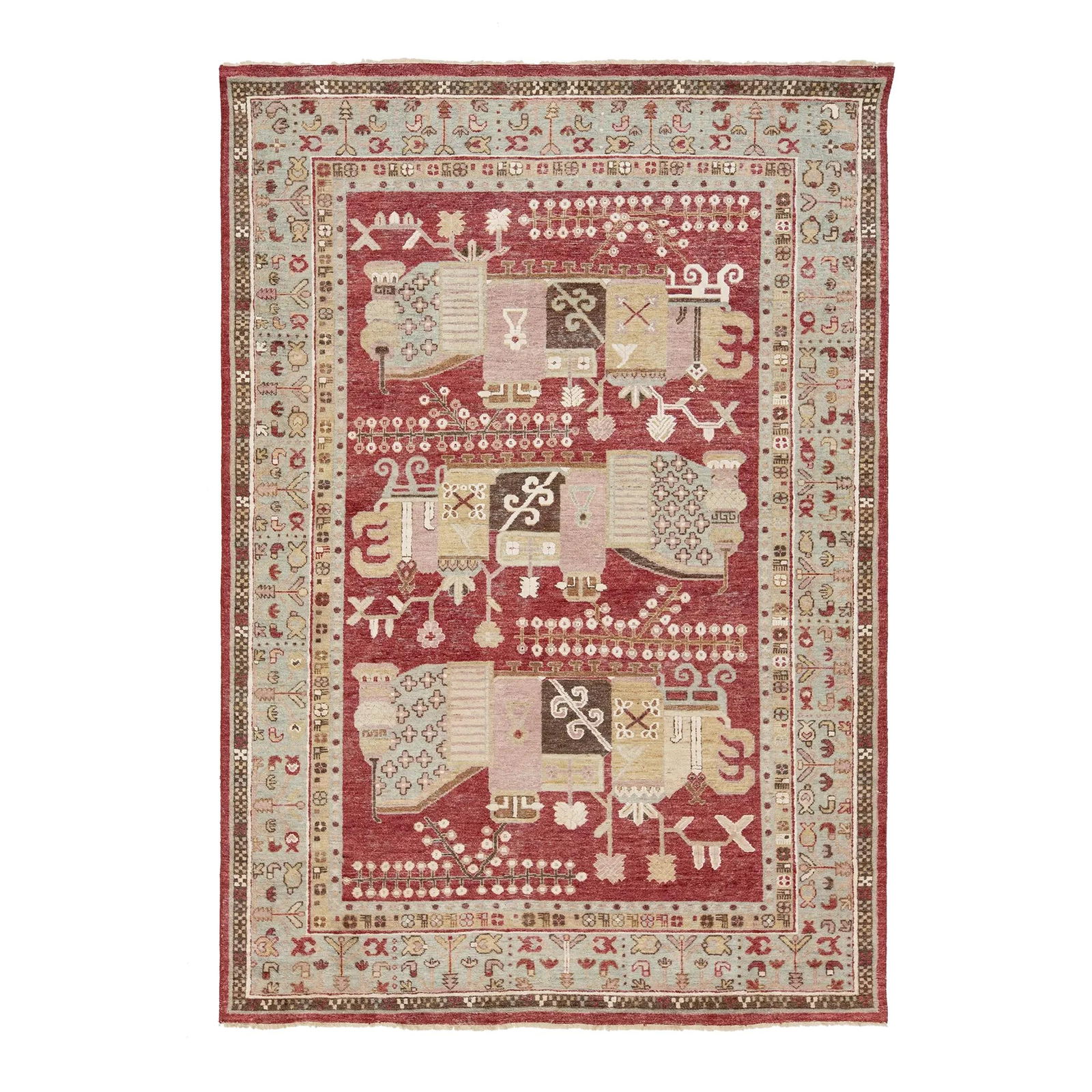 Modern Samarkand Style Handmade Wool Rug 7' x 10' Red: Modern Samarkand Style Handmade Wool Rug 7' x 10' Red Transform your space with this exquisite handmade Indian wool rug, inspired by the traditional Samarkand style. Crafted from high-quality wool, th