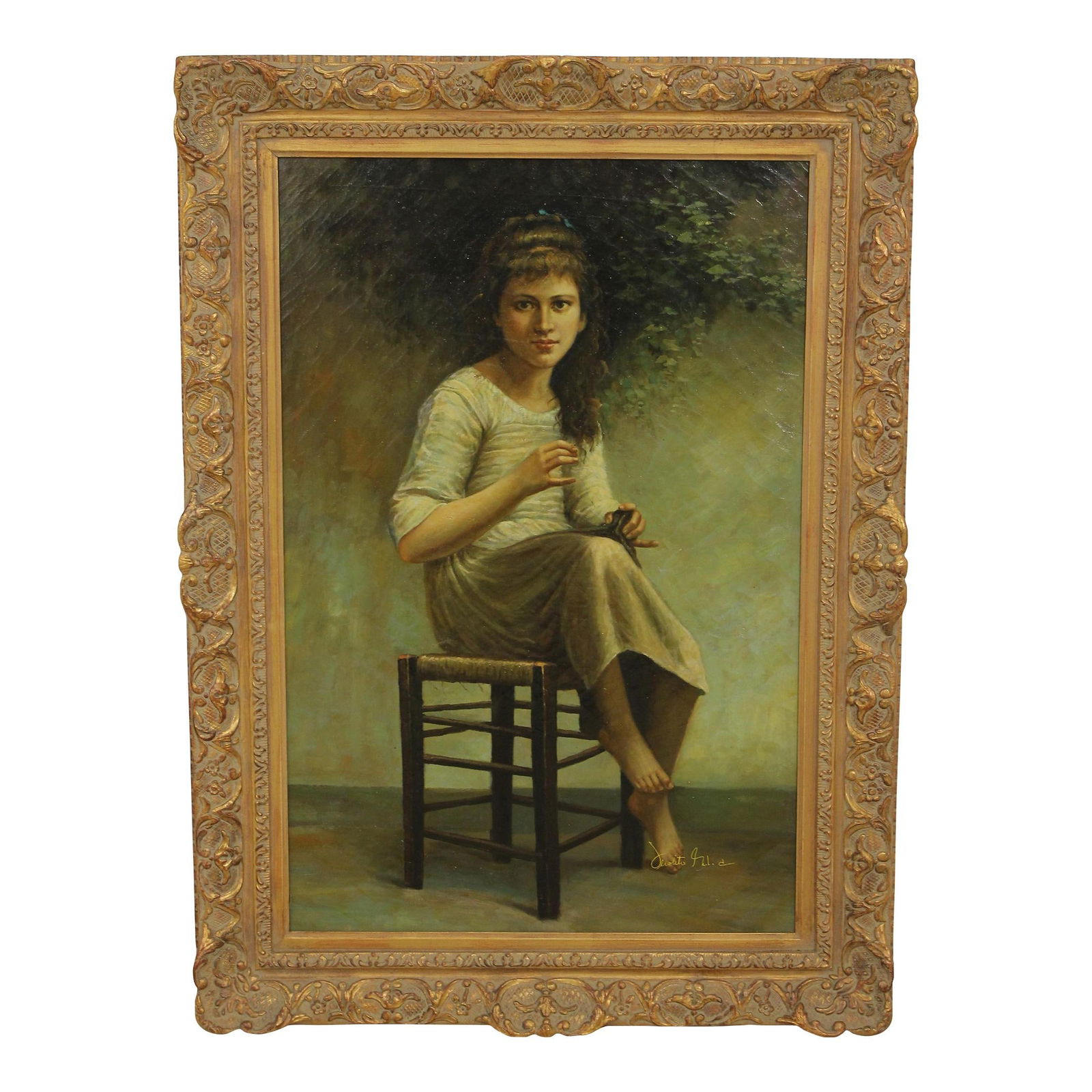 Artist Signed Oil Painting Girl on Stool Vibrant Framed 32 x 43: Artist Signed Oil Painting Girl on Stool Vibrant Framed 32 x 43 This exquisite oil painting on canvas features a captivating depiction of a girl seated on a stool. Signed by the artist, this large