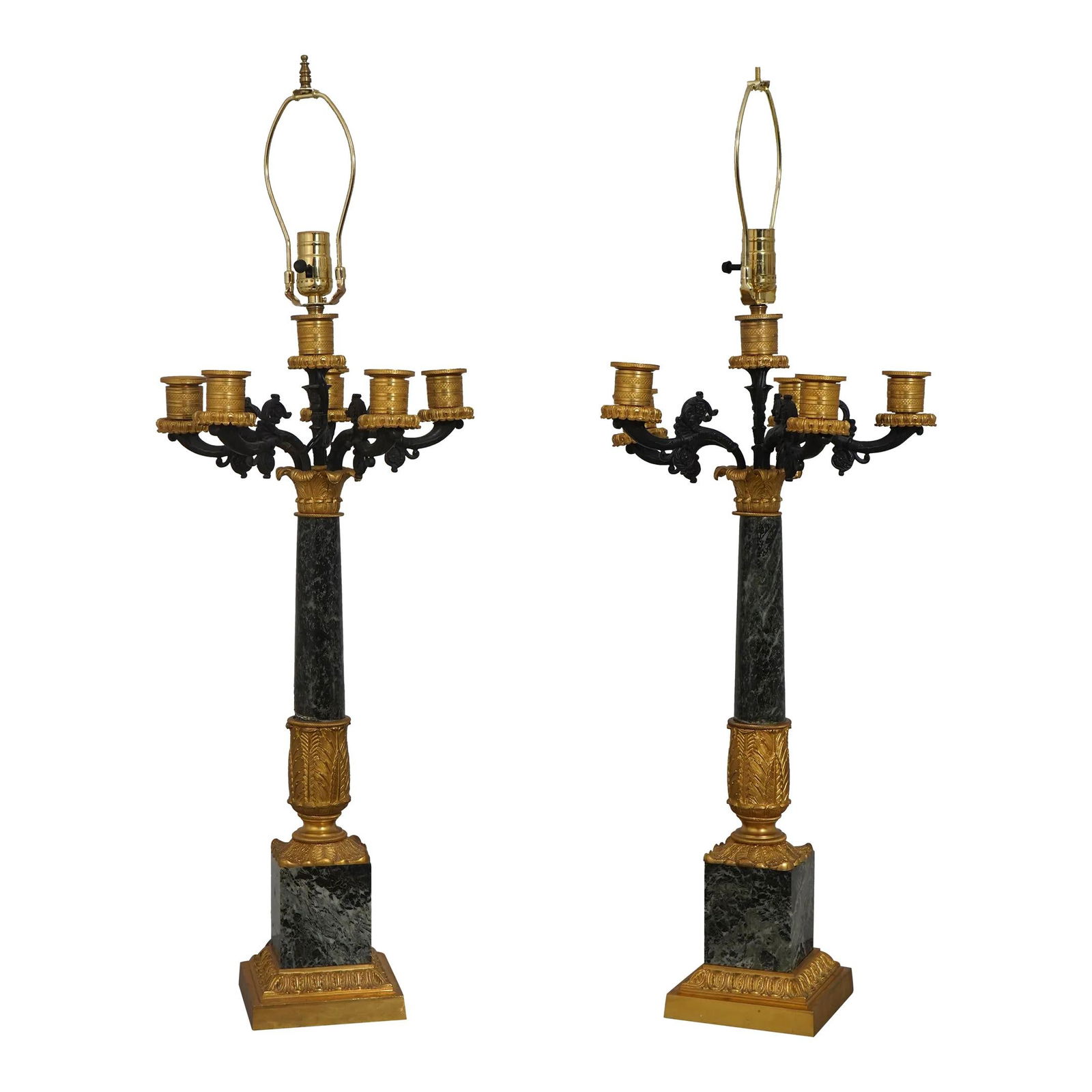 Antique French Empire Candelabras Green Marble Bronze Pair 19th Century: Antique French Empire Candelabras Green Marble Bronze Pair 19th Century This exquisite pair of Antique French Empire candelabras, dating back to the early 19th century, showcases high-quality