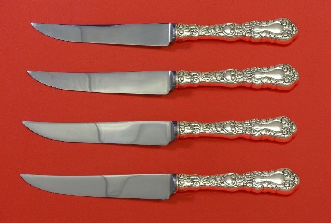 Gorham Imperial Chrysanthemum Sterling Silver Steak Knife Set 4pc: Gorham Imperial Chrysanthemum Sterling Silver Steak Knife Set 4pc This exquisite 4-piece steak knife set features the elegant Imperial Chrysanthemum pattern by Gorham. Crafted from high-quality sterli