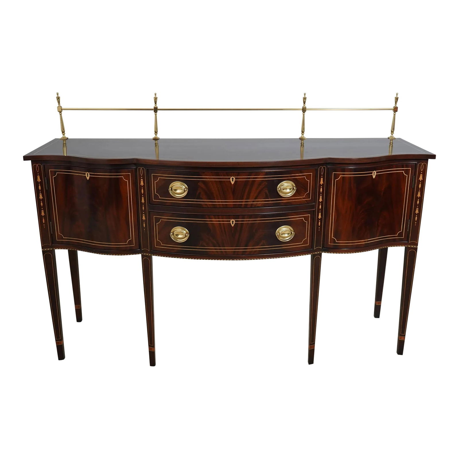 Stickley Federal Style Mahogany Sideboard with Brass Gallery and Inlay: Stickley Federal Style Mahogany Sideboard with Brass Gallery and Inlay This Stickley Federal Style Mahogany Sideboard, crafted around 1998, showcases exquisite craftsmanship and timeless design. It