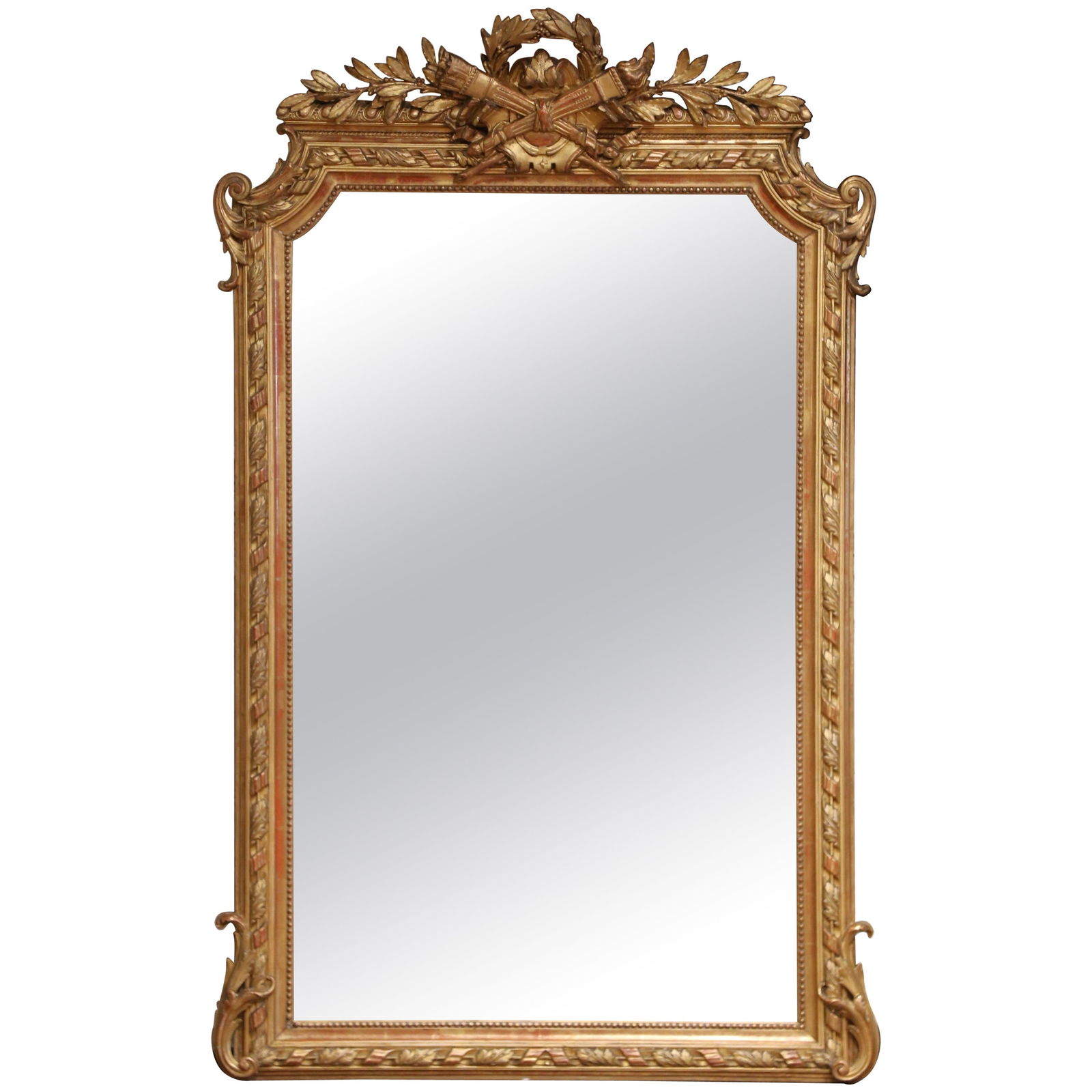 19th Century Louis XVI Giltwood Wall Mirror with Laurel Crest: 19th Century Louis XVI Giltwood Wall Mirror with Laurel Crest This exquisite 19th-century French giltwood wall mirror showcases the elegant Louis XVI style, celebrated for its neoclassical