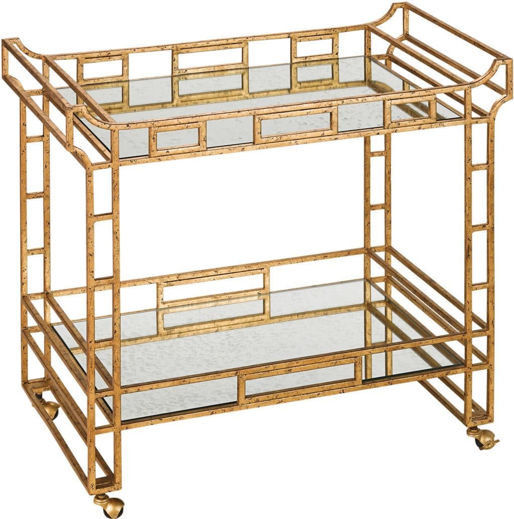 Currey Odeon Gold Bar Cart Mirror Chinoiserie Style: Currey Odeon Gold Bar Cart Mirror Chinoiserie Style Introducing the sophisticated Odeon Gold Bar Cart, a stunning addition to your home decor. Crafted in a vintage style, this bar cart features a ligh