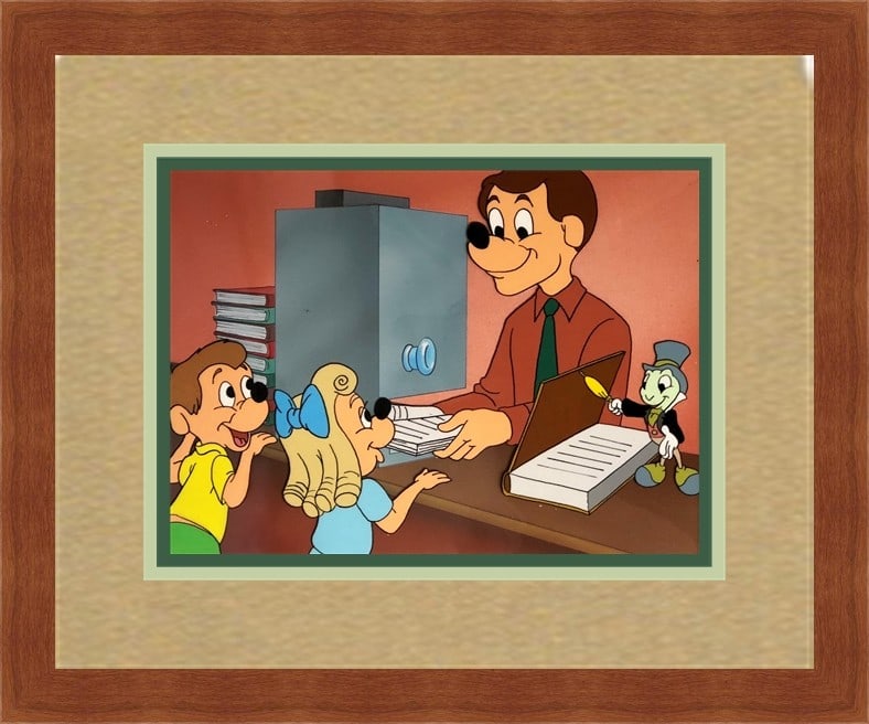 Framed Walt Disney Jiminy Cricket Hand Painted Production Cel Art: Framed Walt Disney Jiminy Cricket Hand Painted Production Cel Art Celebrate the enchanting world of Walt Disney with this stunning hand-painted production cel featuring Jiminy Cricket. This original p