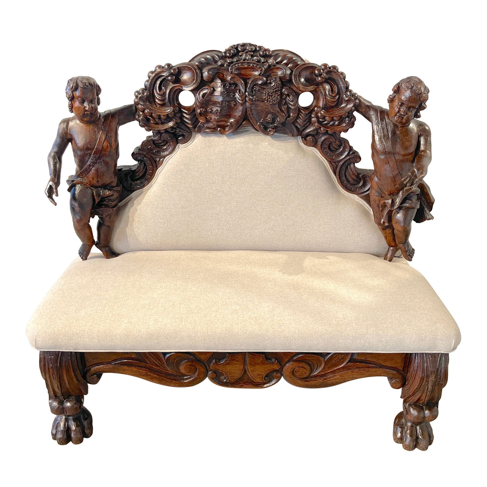 18th Century Italian Baroque Figural Bench with Hand-Carved Putto: 18th Century Italian Baroque Figural Bench with Hand-Carved Putto Discover the elegance of this Italian Baroque Figural Bench/Settee, a remarkable piece dating back to the 18th century or older. The b