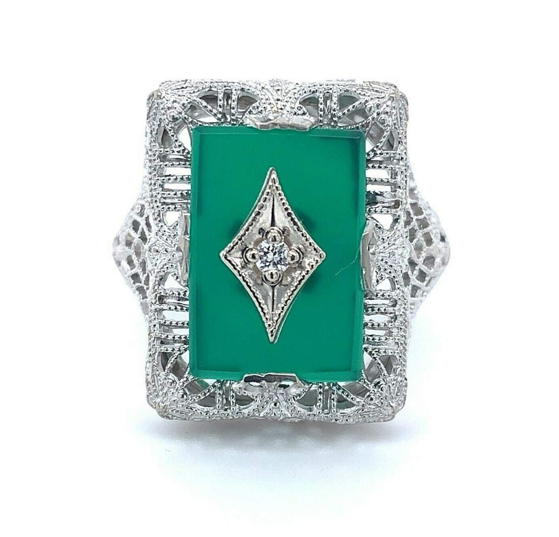 Art Deco 10k White Gold Filigree Chrysoprase Diamond Ring GIA Certified: Art Deco 10k White Gold Filigree Chrysoprase Diamond Ring GIA Certified This exquisite 10k White Gold Filigree Ring showcases a stunning genuine natural chrysoprase stone paired with a sparkling diamo