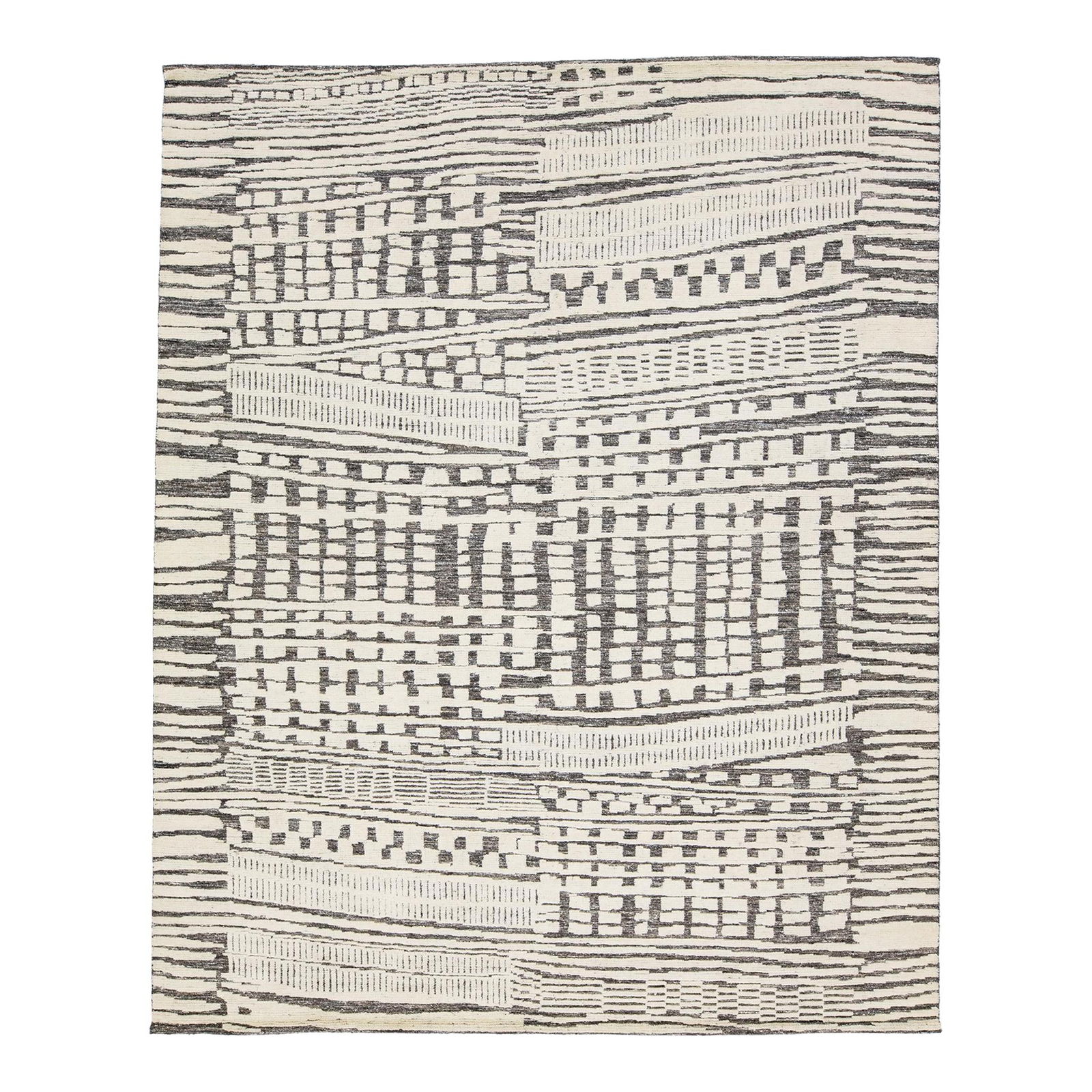 Modern Abstract Moroccan Wool Rug 8'2 x 10'1 in Gray and Beige: Modern Abstract Moroccan Wool Rug 8'2 x 10'1 in Gray and Beige Elevate your space with this exquisite hand-knotted wool rug that features a modern Moroccan-inspired design. The captivating abstract pa