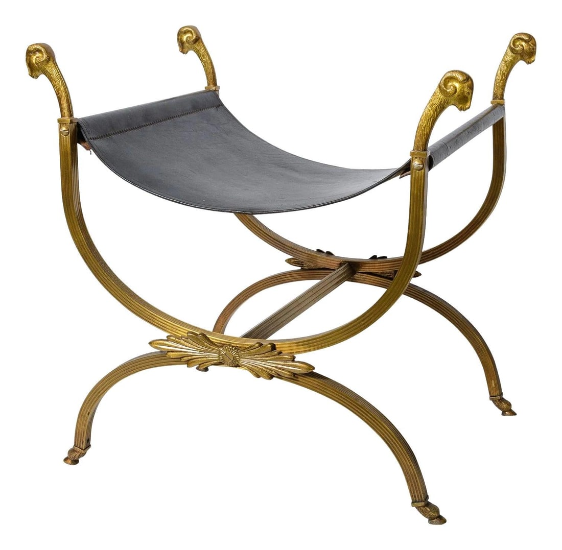 Maison Jansen Curule Stool with Bronze Ram Heads and Leather Seat (1 of 9)