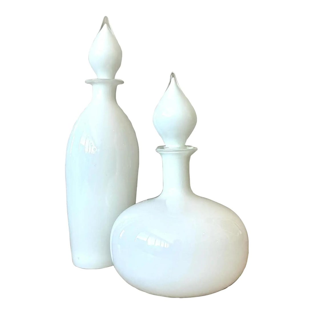 Pair of White Cased Blown Glass Decanters with Flame Stoppers Set of 2 (1 of 8)