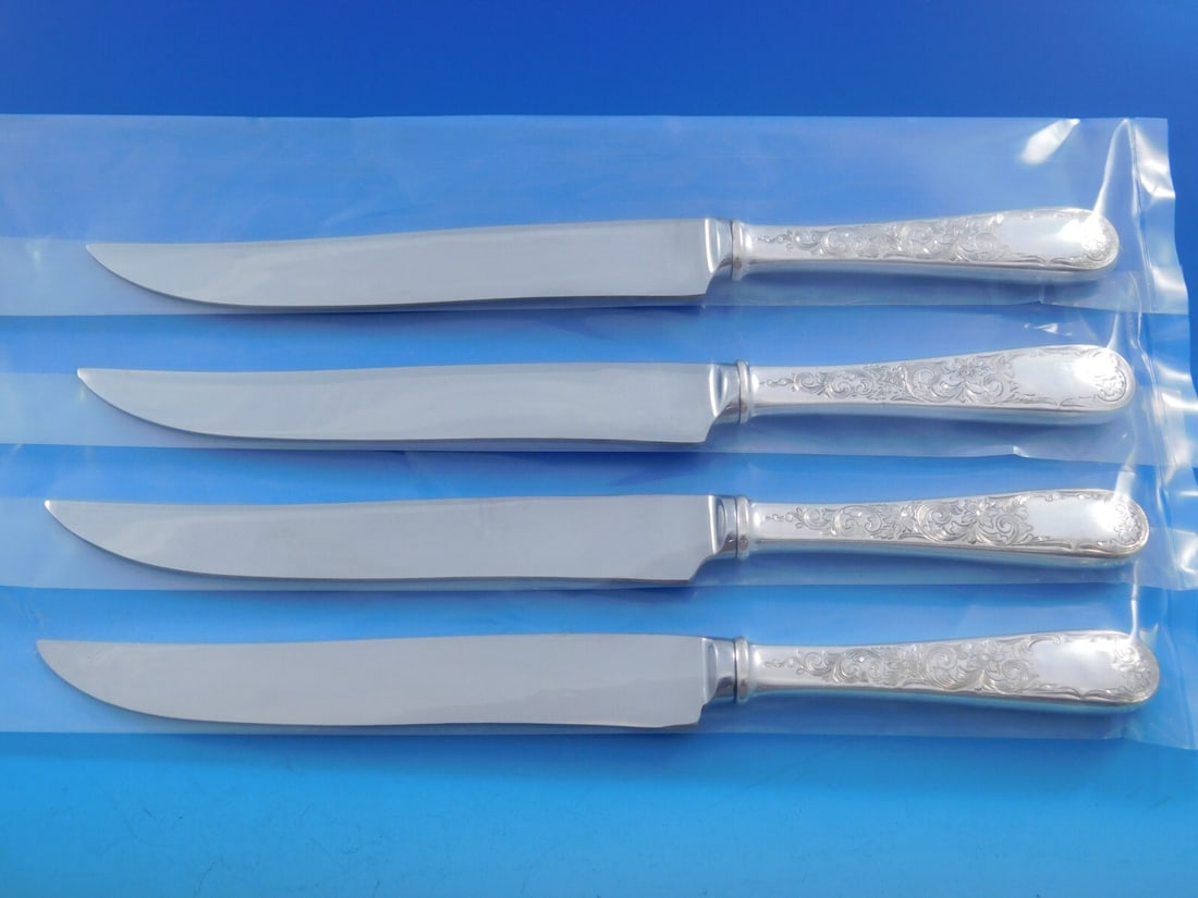 Kirk Old Maryland Engraved Sterling Silver Texas Steak Knife Set 4-Piece 9 5/8": Kirk Old Maryland Engraved Sterling Silver Texas Steak Knife Set 4-Piece 9 5/8" This exquisite 4-piece set of Old Maryland Engraved steak knives by Kirk is crafted from sterling silver with stainless
