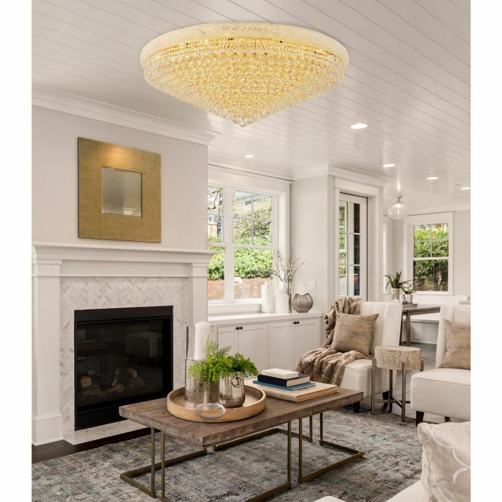 Primo 33-Light Gold Flush Mount Chandelier 48in Royal Cut Crystal: Primo 33-Light Gold Flush Mount Chandelier 48in Royal Cut Crystal Illuminate your space with this stunning Large Crystal Flush Mount Chandelier, featuring an impressive 33 lights that create a dazzlin