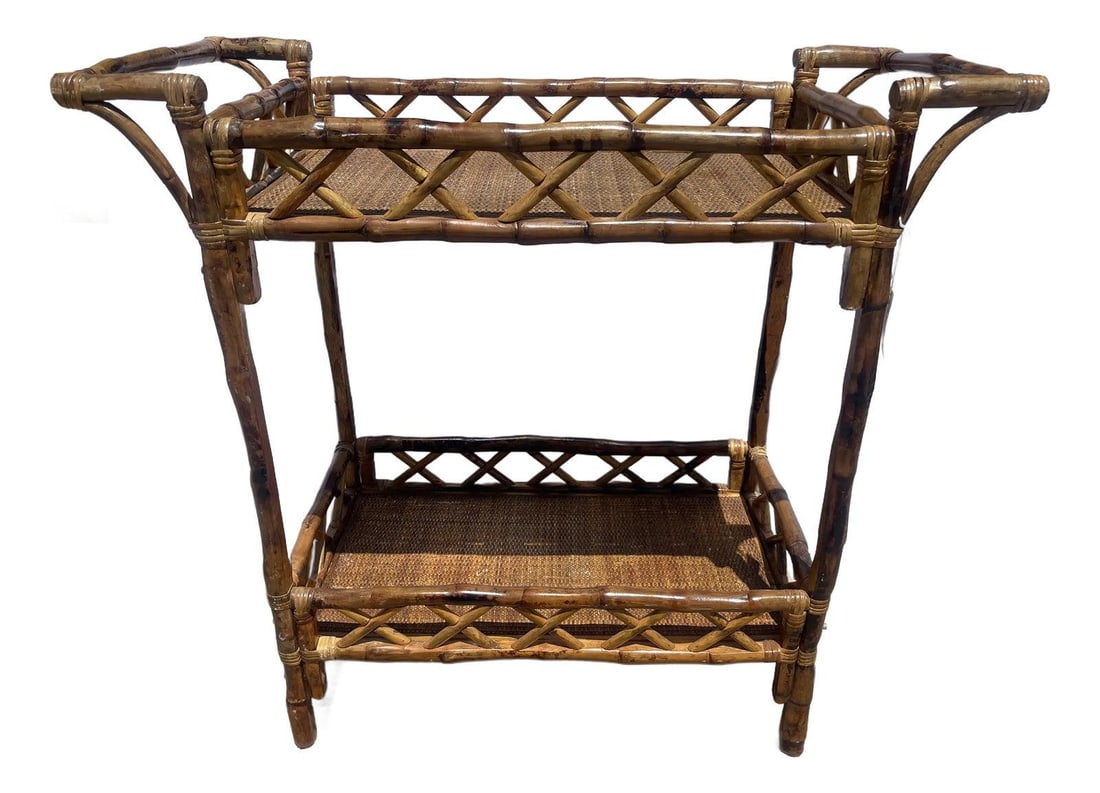 Vintage Mid Century Burnt Bamboo Two Tier Bar Cart (1 of 10)
