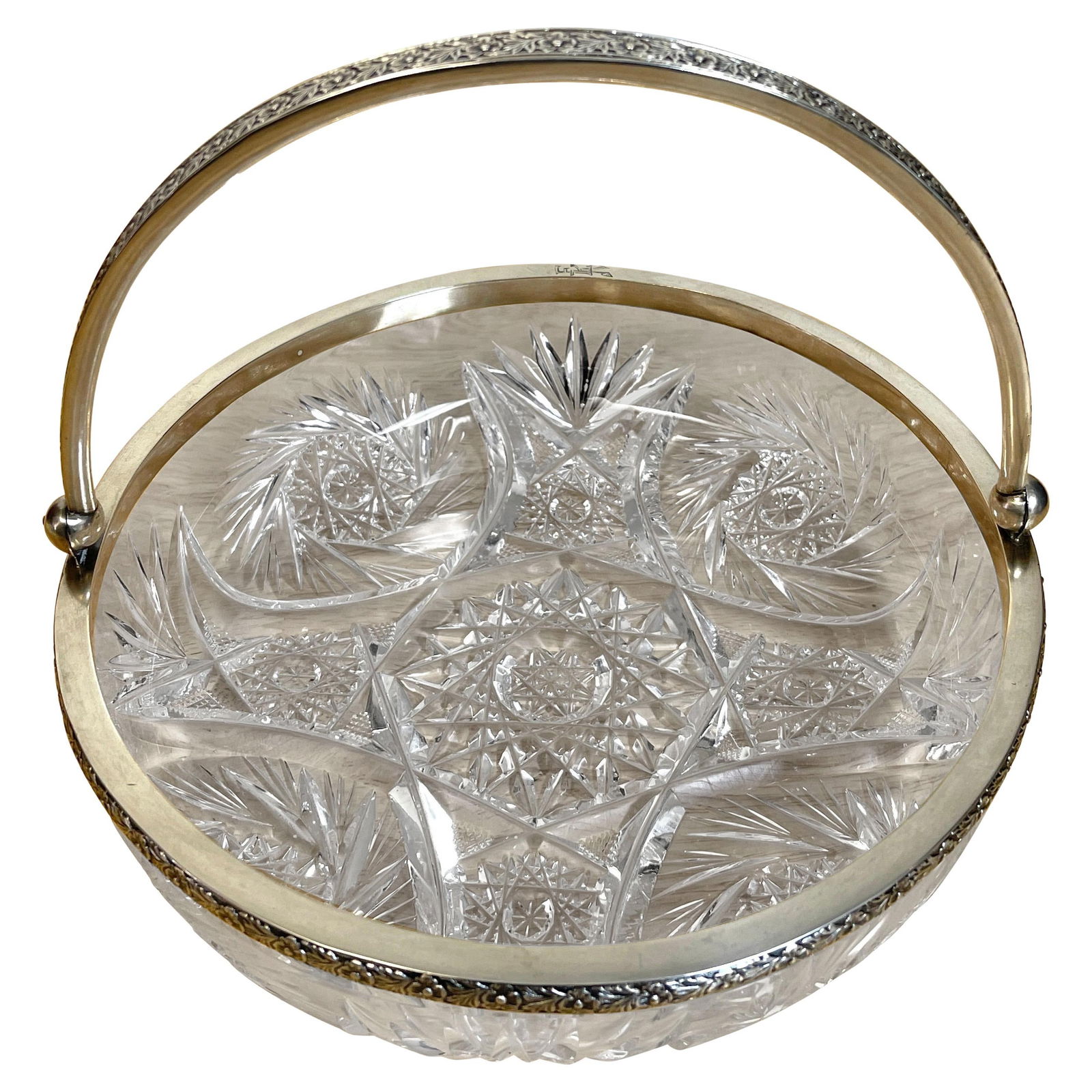 19th Century Russian Neoclassical Sterling Silver Cut Glass Basket: 19th Century Russian Neoclassical Sterling Silver Cut Glass Basket Experience the elegance of 19th-century Russian artistry with this stunning silver and cut glass swing-handled basket. Crafted in Rus