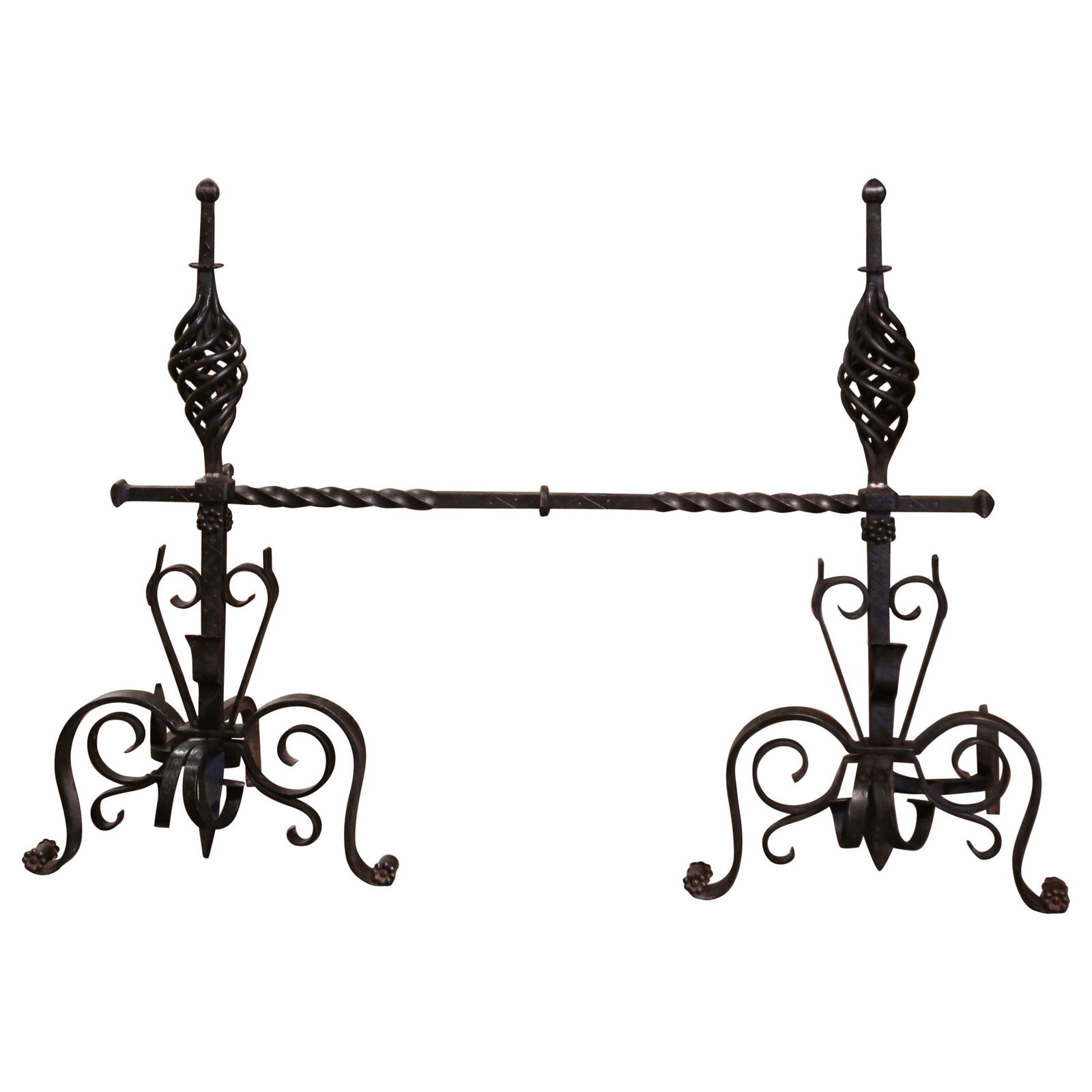 Antique French Wrought Iron Andirons Set of 3 Gothic Design Circa 1860 (1 of 10)