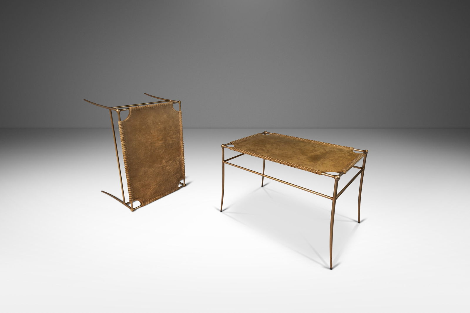 Petite Mid-Century Modern Accent Benches Set of 2 T.H. Robsjohn-Gibbings Style Animal Hide Leather (1 of 10)