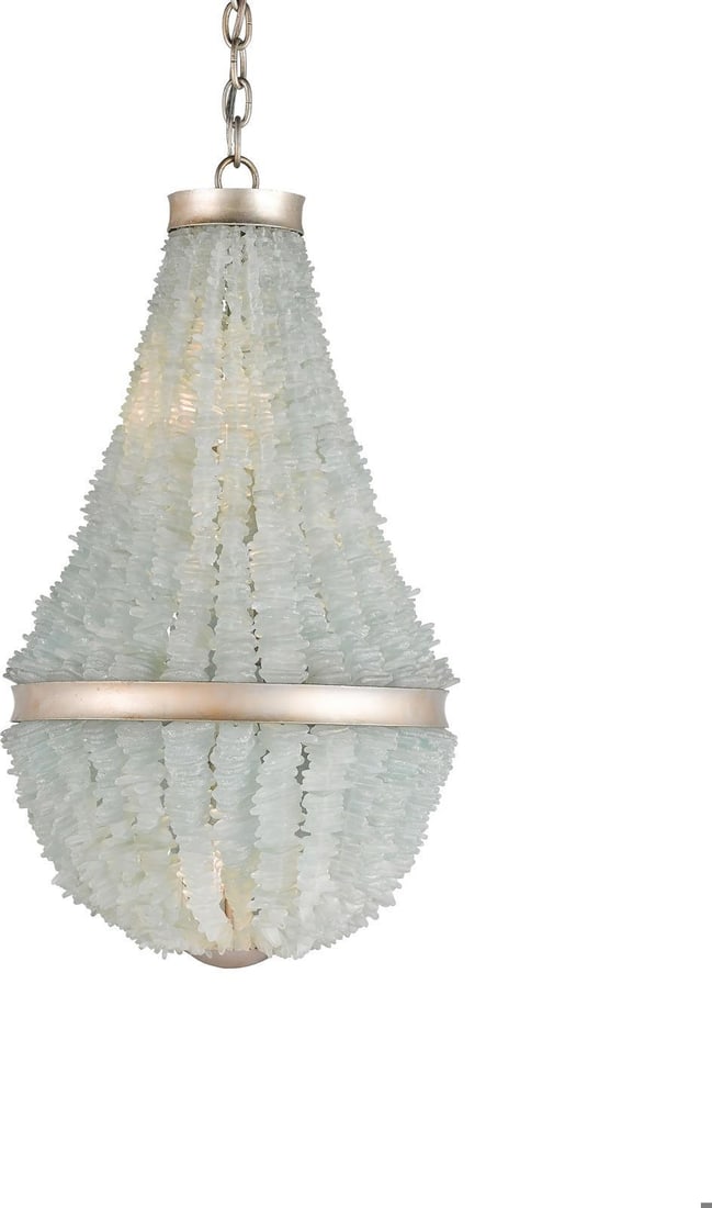 Platea Chandelier Currey Coastal Style Seaglass Silver Finish 30H: Platea Chandelier Currey Coastal Style Seaglass Silver Finish 30H Illuminate your space with the stunning Platea Chandelier, featuring a harmonious blend of seaglass and a contemporary silver leaf fin