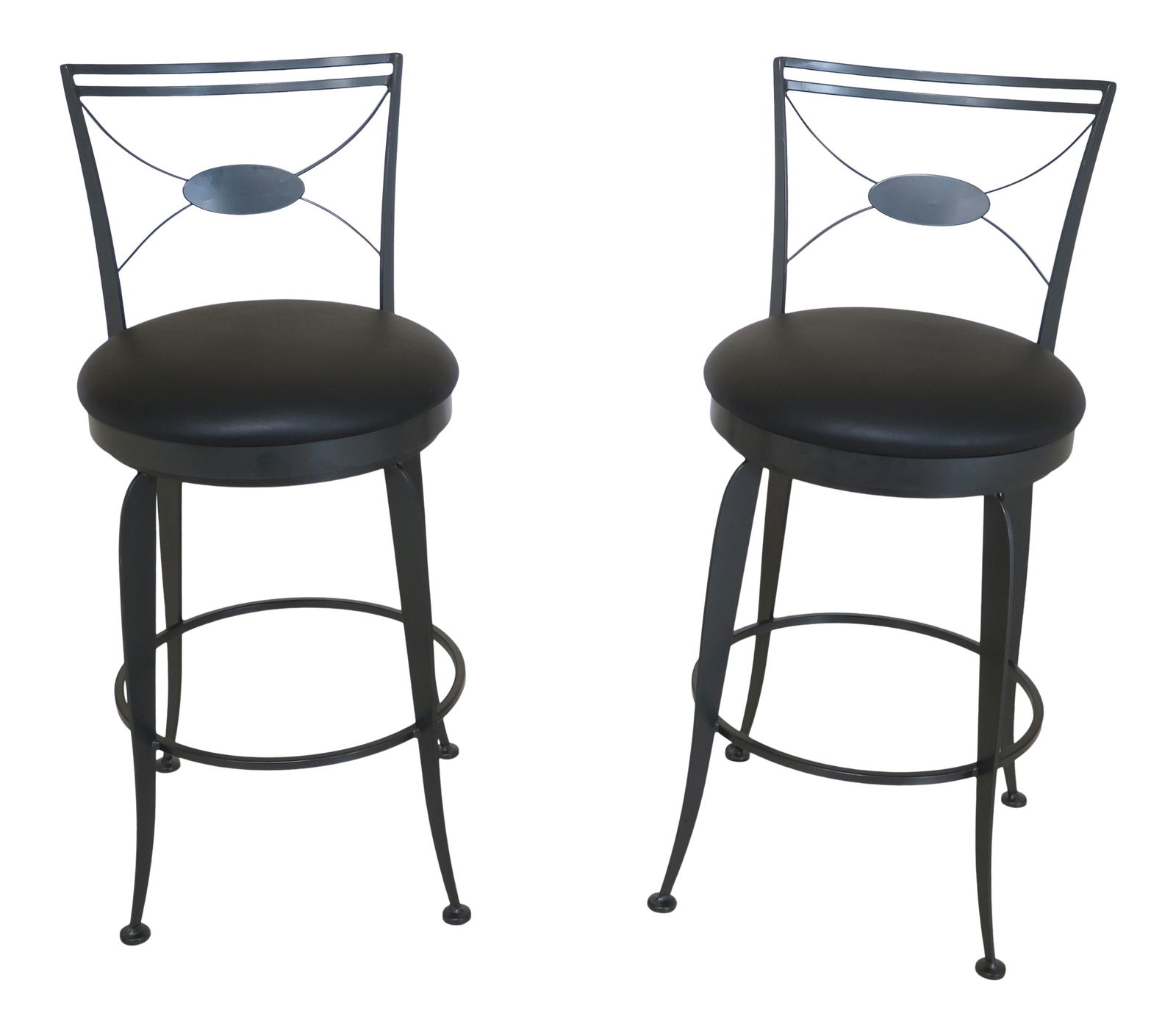 Pair of Modern Swivel Seat Iron Bar Stools Black Vinyl: Pair of Modern Swivel Seat Iron Bar Stools Black Vinyl This stylish pair of swivel seat high chairs features a modern design with black vinyl seats. Constructed from durable iron, these bar stools are