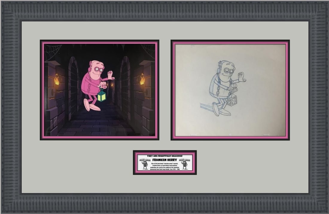 Franken Berry Production Cel Custom Framed 1980 General Mills Art: Franken Berry Production Cel Custom Framed 1980 General Mills Art This stunning production cel features the beloved character Franken Berry, created by illustrator Dave Johnson for General Mills' icon