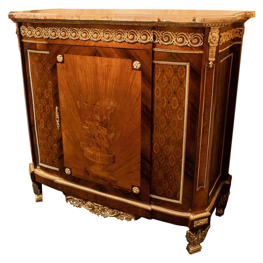 Marble Top Commode with Bronze Mounts and Marquetry Inlay Louis XVI Style (1 of 8)