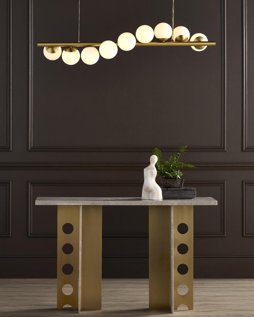 Barcarolle Glass and Metal Linear Chandelier by Currey 48 Inch Wide: Barcarolle Glass and Metal Linear Chandelier by Currey 48 Inch Wide This un-used linear chandelier features a luxurious antique or vintage-inspired design. Crafted from glass and metal, it has a gold