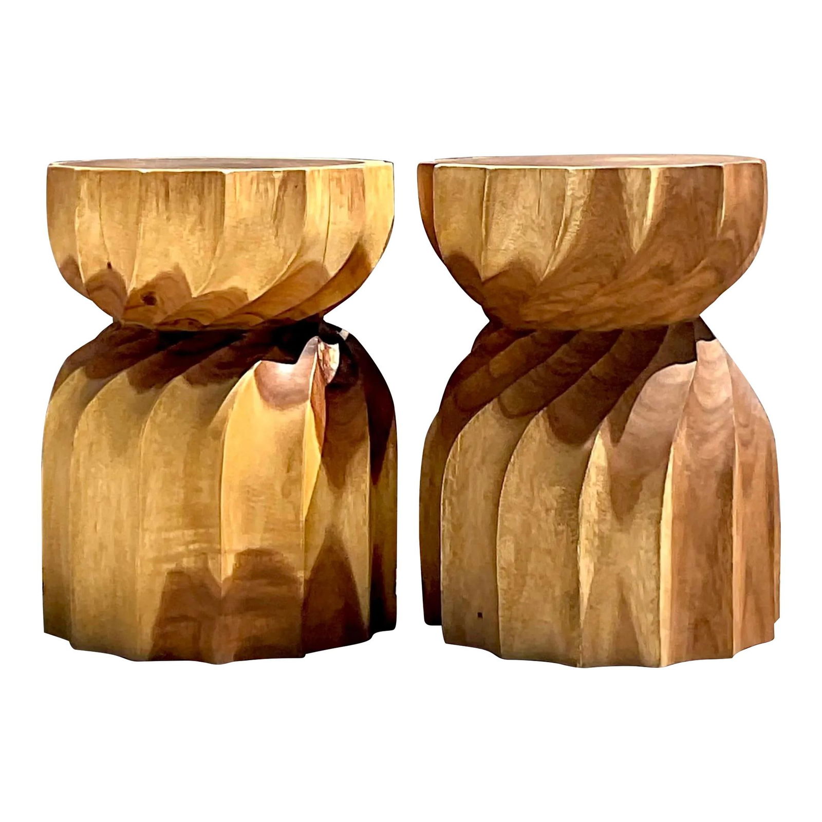 Pair of Vintage Boho Twisted Stump Low Stools Wood Chocolate (1 of 5)