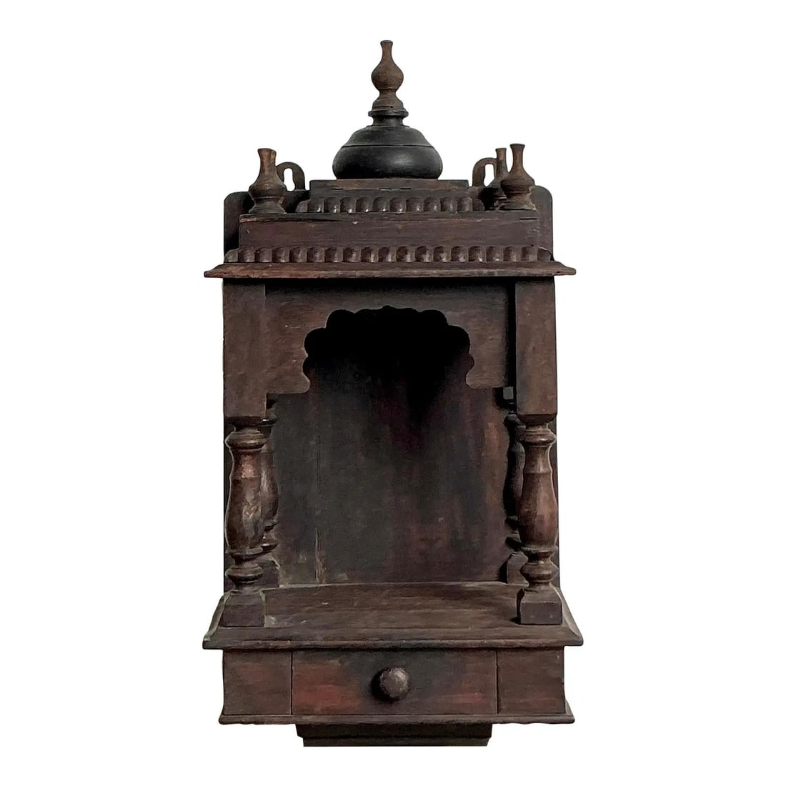 Ebonized Wood Tabletop Shrine with Onion Dome Finial and Drawer: Ebonized Wood Tabletop Shrine with Onion Dome Finial and Drawer This vintage carved wood altar features a striking design inspired by traditional Anglo-Indian or Southeast Asian architecture. The tabl