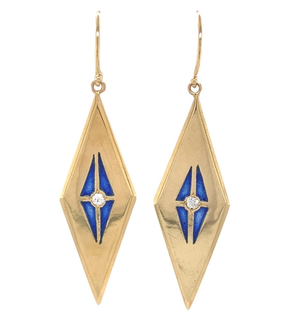 14k Yellow Gold Plique-A-Jour Blue Enamel Diamond Drop Earrings: 14k Yellow Gold Plique-A-Jour Blue Enamel Diamond Drop Earrings Elevate your style with these exquisite 14k Yellow Gold Plique-A-Jour Blue Enamel Genuine Diamond Drop Earrings. Crafted from luxurious
