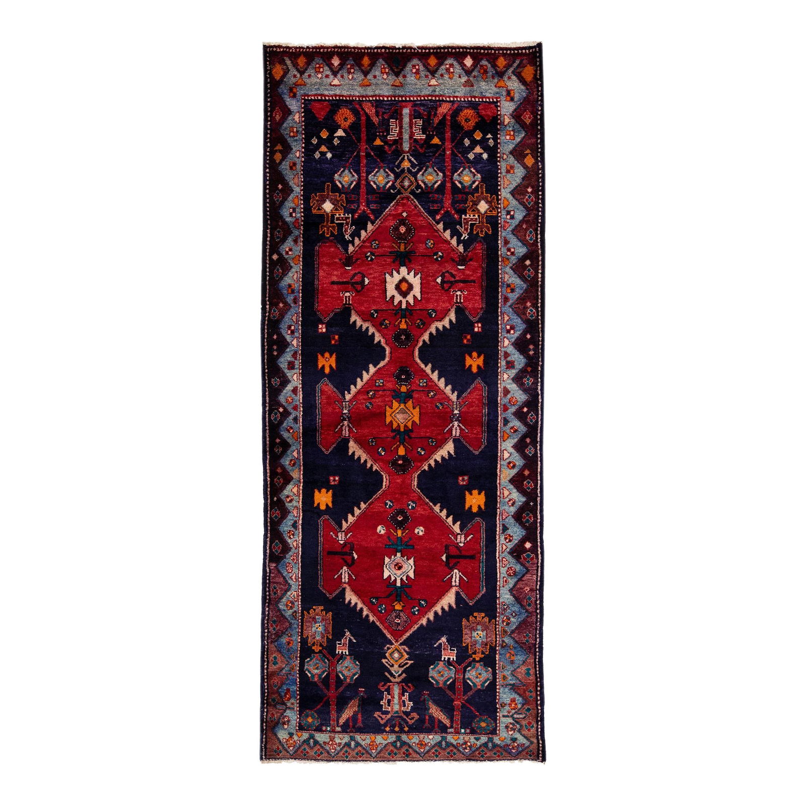 1960s Handmade Persian Hamadan Wool Runner Geometric Design Navy Blue 3'6 x 9'2: 1960s Handmade Persian Hamadan Wool Runner Geometric Design Navy Blue 3'6 x 9'2 This exquisite vintage Persian Hamadan runner showcases a stunning hand-knotted wool construction in a rich navy blue co