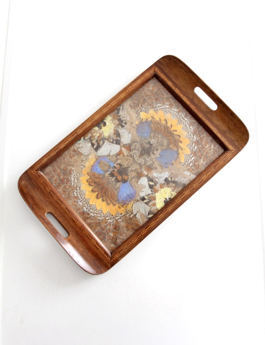 Art Deco Brazilian Butterfly Wing Tray by Daniel Teixeira 1940s: Art Deco Brazilian Butterfly Wing Tray by Daniel Teixeira 1940s Discover the charm of this vintage Brazilian butterfly wing tray, attributed to Daniel Teixeira and dating from the 1920s to 1940s. This