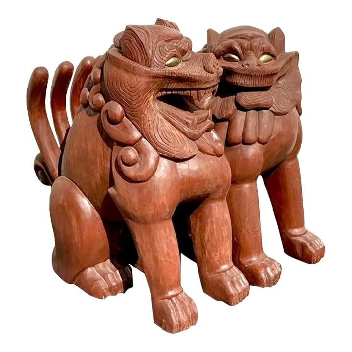 Vintage Boho Painted Wood Foo Lions Pair Monumental Decor: Vintage Boho Painted Wood Foo Lions Pair Monumental Decor Enhance your decor with this stunning pair of vintage boho painted wood Foo Lions. These monumental, intricately carved guardians showcase vib