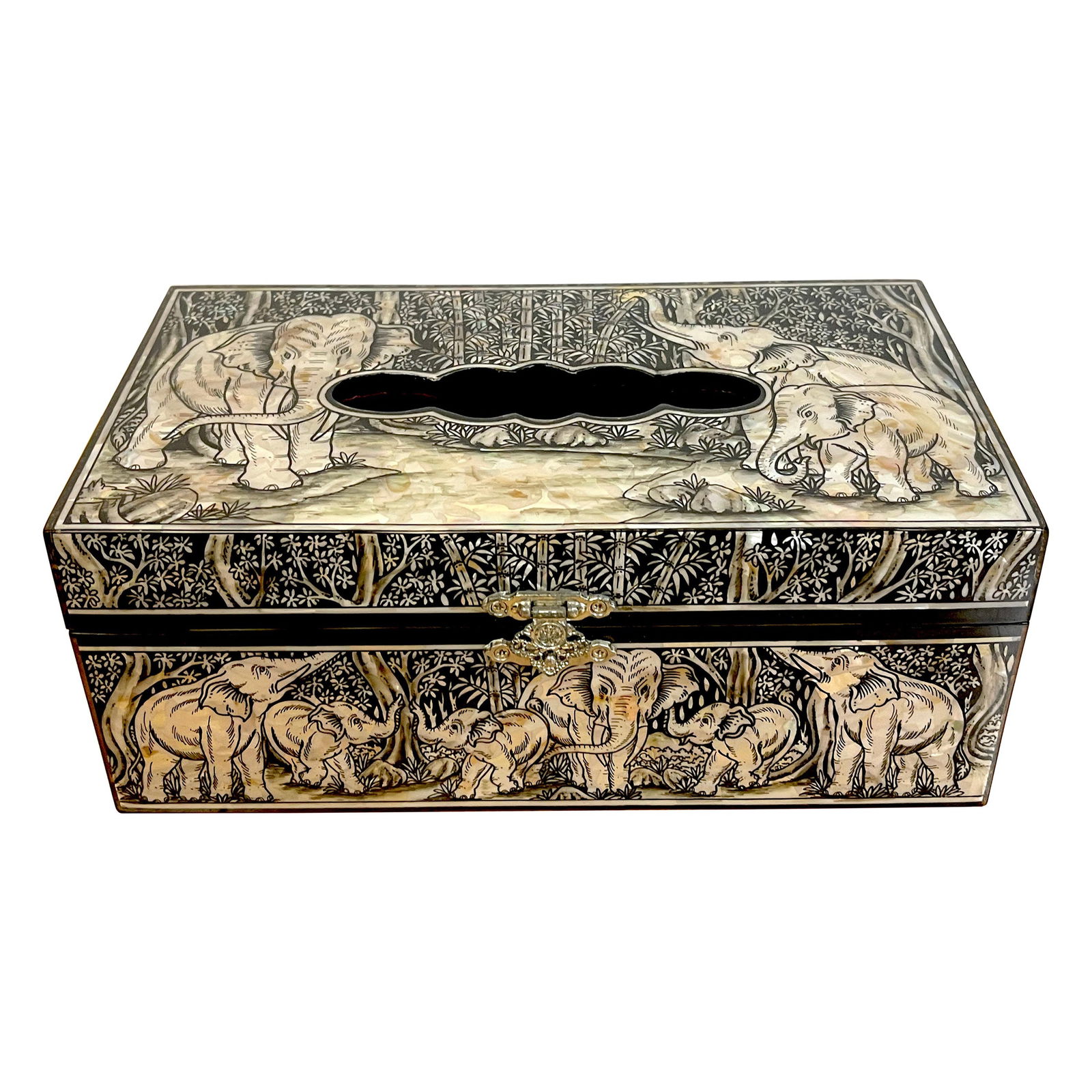 Anglo-Indian Lacquer Tissue Box with Mother of Pearl Elephant Inlay: Anglo-Indian Lacquer Tissue Box with Mother of Pearl Elephant Inlay This Anglo-Indian tissue box features an intricate mother of pearl inlaid lacquer design with an elegant elephant motif. The box is
