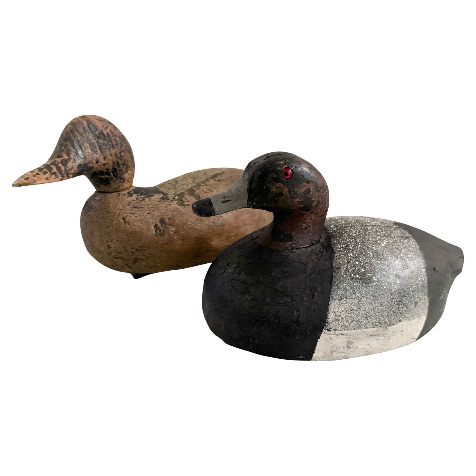 Set of 2 Antique Hunting Decoys One-Eyed Jack and Black Silver Canvas Back: Set of 2 Antique Hunting Decoys One-Eyed Jack and Black Silver Canvas Back Discover a unique pair of antique hunting decoys, handcrafted in the early 20th century, representing a rich tradition of Ame